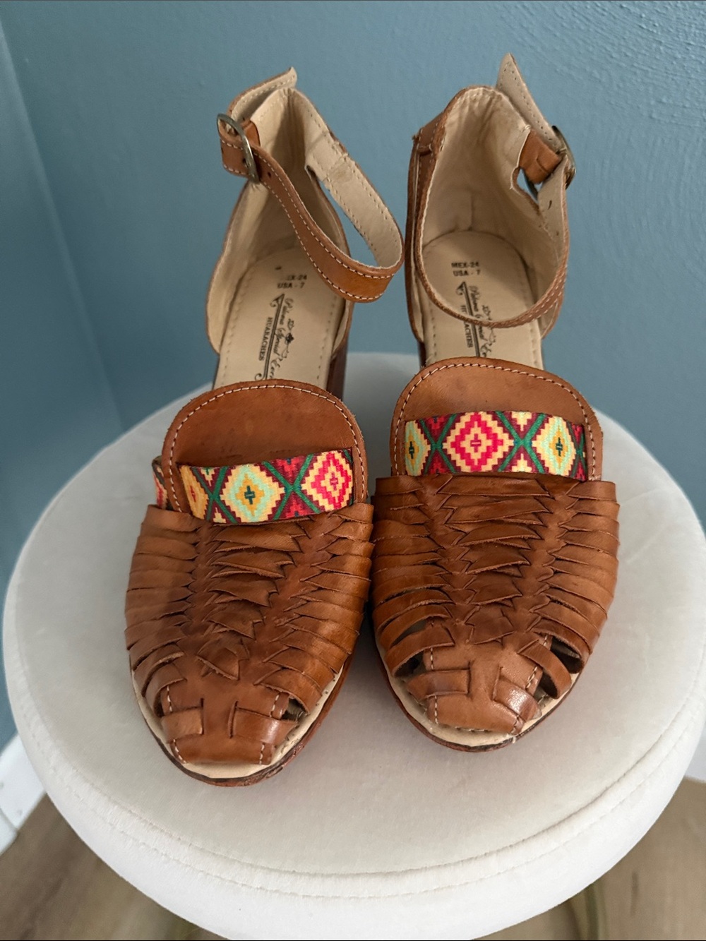 Brown Woven Leather Ankle-Strap Sandals with Multicolor Embroidered Band